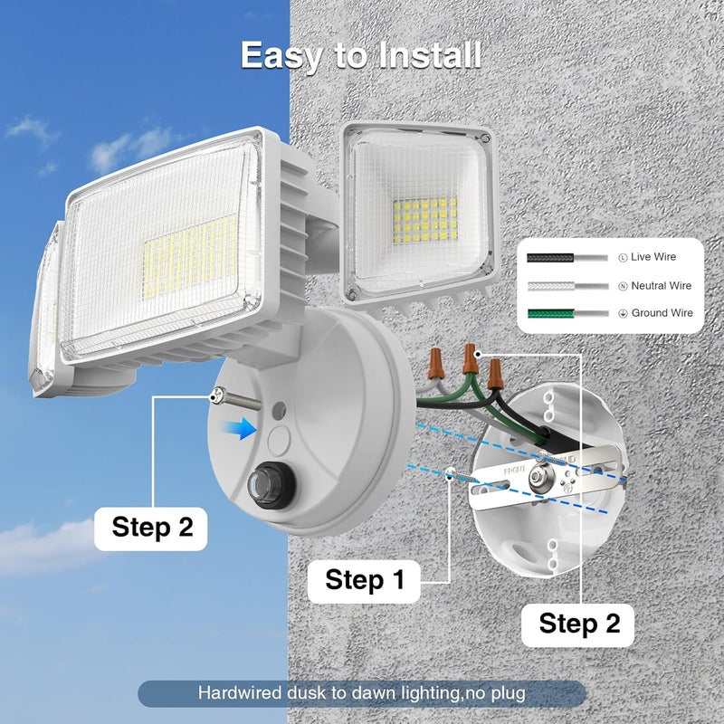 Onforu 100w Dusk to Dawn Outdoor Lighting,11000LM Led Outdoor Light from Dusk Till Dawn,Super Bright Flood Light,IP66 Waterproof Exterior Security White Light Fixture,3 Heads Photocell for Garage,Yard - Image 2